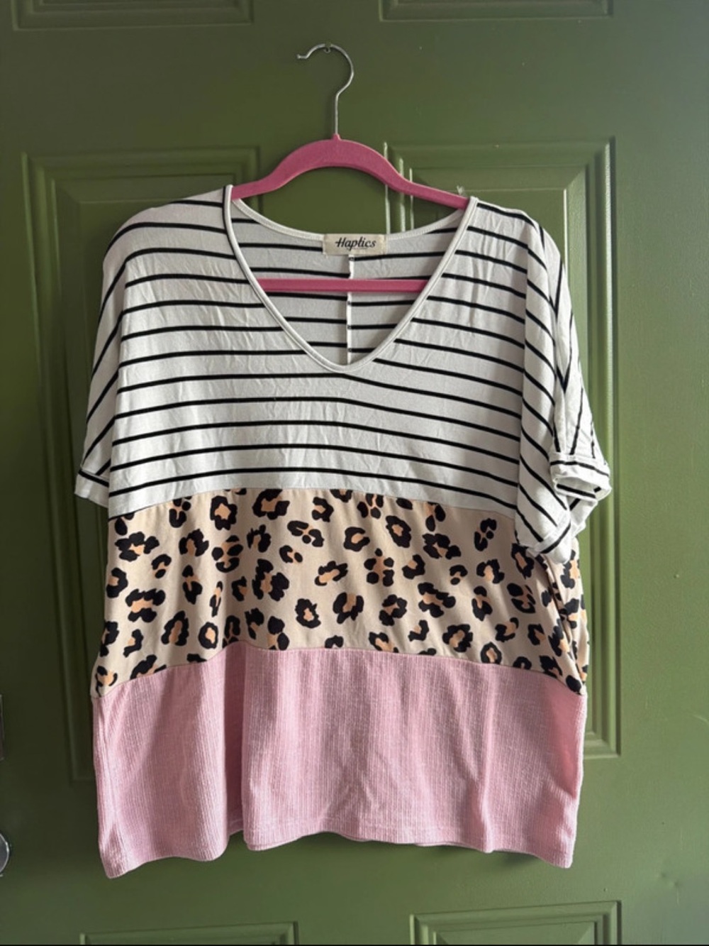 Haptics Women's Stripe & Leopard Colorblock V-Neck Tee in Pink and Cream